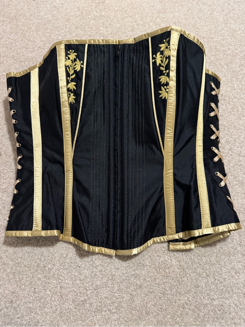 Corset Story Black Zipper Overbust Corset Gold Lace Up Floral Embroidery-30”